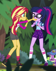 Size: 378x480 | Tagged: safe, screencap, sci-twi, spike, spike the regular dog, sunset shimmer, twilight sparkle, dog, equestria girls, g4, my little pony equestria girls: legend of everfree, converse, cropped, shoes, sneakers