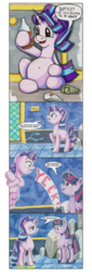 Size: 1500x4400 | Tagged: safe, artist:frenkieart, starlight glimmer, twilight sparkle, alicorn, pony, unicorn, g4, accident, alcohol, cider, comic, desperation, dialogue, drunk, drunklight glimmer, fear wetting, full bladder, implied pissing, implied wetting, lidded eyes, need to pee, omorashi, potty emergency, potty time, puddle, scared, shrunken pupils, startled, traditional art, twilight sparkle (alicorn), twilight's castle, urine