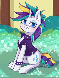 Size: 1344x1766 | Tagged: dead source, safe, artist:dsp2003, rarity, pony, unicorn, g4, it isn't the mane thing about you, alternate hairstyle, blushing, chest fluff, cute, ear fluff, female, looking at you, mare, punk, raribetes, raripunk, shampoo, smiling, smirk, solo