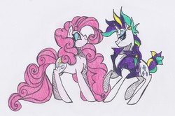 Size: 2537x1681 | Tagged: safe, artist:draw1709, pinkie pie, rarity, pony, g4, it isn't the mane thing about you, alternate hairstyle, punk, raripunk, traditional art