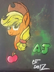 Size: 1210x1616 | Tagged: safe, artist:binkyt11, applejack, g4, apple, black background, bust, cowboy hat, female, food, hat, pastels (medium), simple background, solo, stetson, traditional art