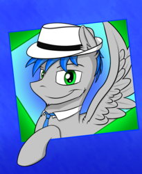 Size: 1165x1421 | Tagged: artist needed, safe, oc, oc only, oc:record melodie, pegasus, pony, blue hair, fedora, green eyes, hat, necktie, smiling