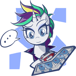Size: 859x861 | Tagged: safe, artist:rvceric, rarity, pony, g4, it isn't the mane thing about you, ..., alternate hairstyle, clothes, crossover, duel disk, female, mare, punk, raripunk, short hair, simple background, solo, yu-gi-oh!