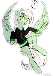 Size: 1000x1414 | Tagged: safe, artist:vincher, oc, oc only, oc:energytone, pegasus, pony, :p, black underwear, clothes, female, looking at you, mare, panties, rule 63, simple background, solo, spread wings, tongue out, underwear, white background, wings