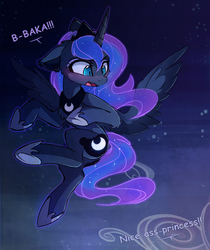 Size: 1161x1380 | Tagged: safe, alternate version, artist:magnaluna, princess luna, alicorn, pony, baka, blushing, butt, cheek fluff, chest fluff, cute, dialogue, ear fluff, ear tufts, female, floppy ears, flying, japanese, leg fluff, lunabetes, mare, night, night sky, nudity, offscreen character, open mouth, plot, sfw version, signature, sky, solo, spread wings, stars, talking, text, tsundere, wings