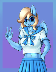 Size: 1000x1300 | Tagged: safe, artist:passigcamel, oc, oc only, pegasus, anthro, anthro oc, belly button, clothes, cute, female, looking at you, mare, midriff, peace sign, pleated skirt, sailor uniform, school uniform, skirt, smiling, wings