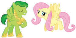 Size: 1024x507 | Tagged: safe, artist:petraea, fluttershy, oc, oc:swiftwing, pegasus, pony, g4, armor, blushing, duo, male, simple background, stallion, transparent background, vector