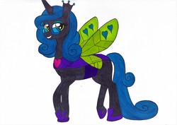 Size: 3492x2467 | Tagged: safe, artist:killerteddybear94, queen chrysalis, g4, glasses, high res, lifted leg, looking at you, mirror universe, reversalis, smiling, solo, traditional art