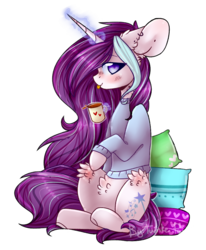 Size: 765x929 | Tagged: safe, artist:twinkepaint, oc, oc only, oc:magical brownie, pony, unicorn, clothes, coffee mug, female, glowing horn, horn, magic, mare, mug, pillow, pubic fluff, simple background, solo, sweater, telekinesis, tongue out, transparent background