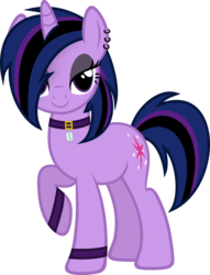 Size: 3435x4500 | Tagged: safe, artist:slb94, twilight sparkle, pony, unicorn, g4, alternate character interpretation, alternate hairstyle, armband, collar, ear piercing, eyeshadow, female, goth, gothlight sparkle, lidded eyes, looking at you, makeup, mare, piercing, simple background, smiling, solo, tomboy, transparent background, unicorn twilight, vector