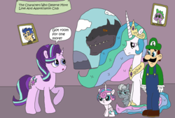 Size: 3143x2123 | Tagged: safe, artist:supahdonarudo, flash sentry, princess celestia, princess flurry heart, silver spoon, spike, starlight glimmer, kaiju, equestria girls, g4, banner, brad, club, crossover, dialogue, godzilla (tristar), godzilla the series, high res, luigi, male, meta, picture frame, speech bubble, super mario bros., window, zilla