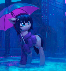 Size: 652x700 | Tagged: safe, artist:rodrigues404, oc, oc only, oc:rainfall bloom, earth pony, pony, animated, cinemagraph, city, clothes, eye reflection, female, gif, hairclip, hoodie, hoof hold, looking up, mare, night, rain, raised hoof, reflection, smiling, solo, standing, telephone pole, umbrella, wet, wet clothes, wires