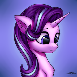 Size: 3000x3000 | Tagged: safe, artist:setharu, starlight glimmer, pony, unicorn, g4, beautiful, bust, chest fluff, commission, cute, ear fluff, female, glimmerbetes, high res, looking down, mare, signature, smiling, solo