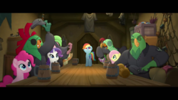 Size: 1920x1080 | Tagged: safe, screencap, applejack, boyle, fluttershy, lix spittle, mullet (g4), pinkie pie, rainbow dash, rarity, spike, squabble, dragon, parrot pirates, pony, g4, my little pony: the movie, pirate