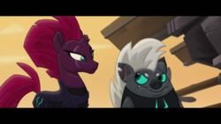 Size: 1920x1080 | Tagged: safe, screencap, grubber, tempest shadow, pony, g4, my little pony: the movie, broken horn, eye scar, horn, raised eyebrow, scar, suspicious