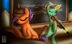 Size: 2800x1700 | Tagged: safe, artist:elmutanto, oc, oc only, oc:cleft note, oc:emerald symphony, pony, unicorn, colt, duo, duo male, gay, male, music, musical instrument, oc x oc, piano, school, shipping, violin