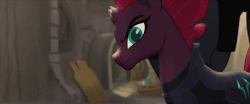 Size: 960x400 | Tagged: safe, screencap, tempest shadow, pony, g4, my little pony: the movie, animated, broken horn, cute, eye scar, female, gif, horn, looking at you, pretty pretty tempest, scar, silly, silly little ponies, silly pony, smiling, smirk, storm guard, when she smiles