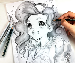 Size: 1200x1010 | Tagged: safe, artist:naschi, pinkie pie, human, g4, clothes, female, hand, heart, humanized, jewelry, monochrome, necklace, open mouth, pearl necklace, pencil drawing, photo, smiling, solo, traditional art