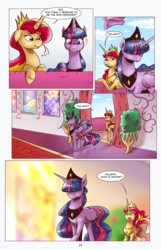 Size: 1253x1950 | Tagged: safe, artist:saturdaymorningproj, sunset shimmer, twilight sparkle, alicorn, pony, comic:a princess' worth, g4, alicornified, alternate universe, castle, cloud, comic, crown, female, mare, race swap, regalia, shimmercorn, sky, smiling, speech bubble, twilight sparkle (alicorn)