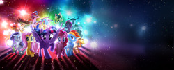 Size: 13277x5383 | Tagged: safe, applejack, capper dapperpaws, captain celaeno, fluttershy, grubber, pinkie pie, princess skystar, queen novo, rainbow dash, rarity, songbird serenade, spike, storm king, tempest shadow, twilight sparkle, abyssinian, alicorn, dragon, pony, seapony (g4), anthro, g4, my little pony: the movie, absurd file size, absurd resolution, advertisement, anthro with ponies, headworn microphone, mane seven, mane six, twilight sparkle (alicorn)