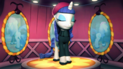 Size: 1920x1080 | Tagged: safe, artist:powdan, rarity, pony, unicorn, g4, 3d, beatnik rarity, beret, carousel boutique, clothes, eyes closed, female, french, gmod, hat, mare, mirror, shoes, smiling, solo, sweater