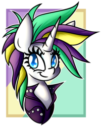 Size: 1348x1681 | Tagged: safe, artist:nekro-led, rarity, pony, unicorn, g4, it isn't the mane thing about you, abstract background, alternate hairstyle, bust, clothes, female, jacket, punk, raripunk, simple background, solo
