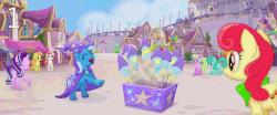 Size: 1920x800 | Tagged: safe, screencap, apple bumpkin, cantaloupe (g4), dawn sunrays, starlight glimmer, trixie, earth pony, pony, unicorn, g4, my little pony: the movie, animated, apple family member, background pony, canterlot, canterlot castle, cape, clothes, comparison, eyes closed, female, fireworks, gif, hat, mare, raised hoof, trixie's cape, trixie's hat, unnamed character, unnamed pony