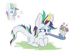 Size: 1600x1200 | Tagged: safe, artist:heir-of-rick, rarity, monster pony, original species, tatzlpony, g4, it isn't the mane thing about you, alternate hairstyle, bouquet, eating, eyes on the prize, female, flower, horses doing horse things, long tongue, punk, raripunk, solo, tatzlarity, tatzls doing tatzl things, tentacle tongue, tentacles, tongue out