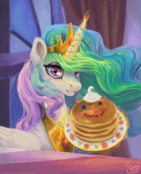 Size: 800x985 | Tagged: safe, artist:nemo2d, princess celestia, alicorn, pony, a royal problem, g4, crown, female, food, jewelry, looking at you, mare, pancakes, regalia, smiling, solo
