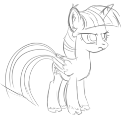 Size: 1231x1170 | Tagged: safe, artist:faience, twilight sparkle, alicorn, pony, g4, black and white, cloven hooves, ear fluff, female, folded wings, grayscale, mare, monochrome, sketch, twilight sparkle (alicorn), unamused, unshorn fetlocks, wip