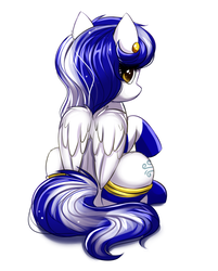 Size: 759x946 | Tagged: safe, artist:confetticakez, oc, oc only, oc:jet stream, pegasus, pony, clothes, cute, ear piercing, earring, female, folded wings, jewelry, looking at you, looking back, looking back at you, mare, ocbetes, piercing, rear view, simple background, sitting, socks, solo, white background