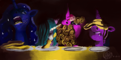 Size: 1489x741 | Tagged: safe, artist:toisanemoif, princess cadance, princess celestia, princess luna, twilight sparkle, alicorn, pony, g4, food, pancakes, twilight sparkle (alicorn)