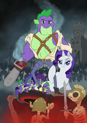 Size: 2480x3508 | Tagged: safe, artist:fuzzbird, rarity, spike, dragon, skeleton pony, g4, army of darkness, beefspike, bone, chainsaw, evil dead, female, high res, male, parody, ship:sparity, shipping, skeleton, straight