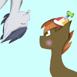 Size: 1024x1024 | Tagged: safe, artist:yara-art-studio10, button mash, rumble, earth pony, pegasus, pony, g4, blushing, colt, eyes closed, flower, gay, male, mouth hold, romantic, ship:rumblemash, shipping, upside down
