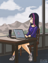 Size: 638x825 | Tagged: safe, artist:kprovido, twilight sparkle, human, g4, chair, clothes, cloud, computer, converse, female, humanized, laptop computer, mountain, scenery, shirt, shoes, sitting, sky, sneakers, solo, table