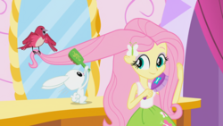 Size: 1920x1080 | Tagged: safe, screencap, angel bunny, fluttershy, bird, rabbit, songbird, equestria girls, g4, my little pony equestria girls, brush, brushing, looking back, mirror, this is our big night
