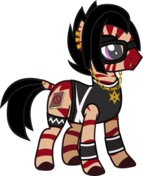 Size: 861x1057 | Tagged: safe, artist:lightningbolt, derpibooru exclusive, oc, oc only, oc:covert pretense, zebra, g4, .svg available, ambiguous gender, bring me the horizon, chains, clothes, dock, dock piercing, ear piercing, earring, eyeliner, eyeshadow, glasses, hair over one eye, jewelry, leg band, lidded eyes, lip piercing, makeup, necklace, piercing, pokémon, sad, show accurate, simple background, solo, stripes, svg, tank top, team skull, thelema, thug, transparent background, vector, wristband, zebra oc