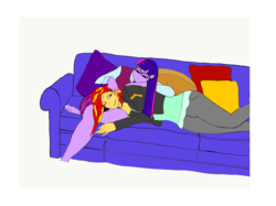 Size: 2732x2048 | Tagged: safe, artist:invaderody, sci-twi, sunset shimmer, twilight sparkle, equestria girls, g4, cuddling, female, high res, lesbian, looking at each other, one eye closed, pillow, ship:sci-twishimmer, ship:sunsetsparkle, shipping, simple background, smiling, sofa bed, transparent background