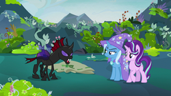 Size: 1280x720 | Tagged: safe, screencap, pharynx, starlight glimmer, trixie, changeling, pony, g4, to change a changeling