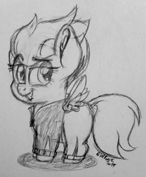 Size: 1569x1907 | Tagged: safe, artist:binkyt11, derpibooru exclusive, fleetfoot, pegasus, pony, g4, chibi, clothes, dreamworks face, ear fluff, female, grayscale, jumpsuit, lip bite, monochrome, solo, spread wings, traditional art, wings