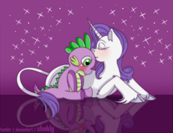 Size: 780x600 | Tagged: safe, artist:shokly, rarity, spike, classical unicorn, dragon, pony, unicorn, g4, cloven hooves, duo, female, horn, kissing, leonine tail, male, prone, ship:sparity, shipping, sitting, straight, unshorn fetlocks