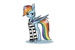 Size: 1181x787 | Tagged: safe, artist:rainbow-fire360, rainbow dash, g4, clothes, cuffs, female, frustrated, never doubt rainbowdash69's involvement, prison outfit, prison stripes, prisoner, prisoner rd, shackles, simple background, solo, white background