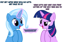Size: 1048x691 | Tagged: safe, artist:navitaserussirus, trixie, twilight sparkle, genie, pony, unicorn, asktwixiegenies, g4, cropped, female, lesbian, mare, ship:twixie, shipping, simple background, species swap, white background