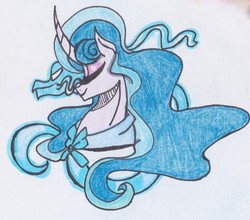 Size: 1361x1195 | Tagged: safe, artist:draw1709, mistmane, pony, unicorn, campfire tales, g4, bust, clothes, curved horn, dragon spirit, ethereal mane, female, horn, mare, portrait, solo, traditional art