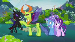 Size: 1280x720 | Tagged: safe, screencap, pharynx, starlight glimmer, thorax, trixie, changedling, changeling, g4, to change a changeling, king thorax