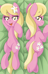 Size: 1355x2084 | Tagged: safe, artist:pearlyiridescence, lily, lily valley, earth pony, pony, g4, armpits, background pony, bedroom eyes, body pillow, body pillow design, butt, cute, cutie mark, featureless crotch, flower, flower in hair, hooves behind head, lilybutt, looking at you, looking back, looking back at you, open mouth, plot, prone, smiling, underhoof
