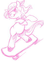 Size: 485x666 | Tagged: safe, artist:heart-of-stitches, oc, oc only, oc:carmine, earth pony, pony, backwards ballcap, baseball cap, bipedal, cap, female, hat, horseshoes, mare, monochrome, skateboard, solo