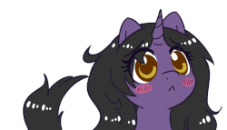 Size: 925x530 | Tagged: safe, artist:rivibaes, oc, oc only, oc:rivibaes, pony, unicorn, :<, animated, blush sticker, blushing, bouncing, cute, daaaaaaaaaaaw, eye clipping through hair, female, gif, looking at you, mare, ocbetes, puppy dog eyes, simple background, solo, tail wag, unicorn oc, white background
