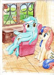 Size: 2550x3509 | Tagged: safe, artist:40kponyguy, derpibooru exclusive, bon bon, lyra heartstrings, sweetie drops, earth pony, pony, unicorn, g4, armchair, chair, high res, looking at each other, sitting, sitting lyra, traditional art, underhoof, wooden floor