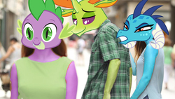 Size: 800x450 | Tagged: safe, artist:epicrainbowpie, editor:epicrainbowpie, princess ember, spike, thorax, changedling, changeling, dragon, g4, angry, bedroom eyes, changeling x dragon, distracted boyfriend meme, dragoness, eyes on the prize, female, frown, gay, glare, gritted teeth, infidelity, king thorax, looking back, male, meme, ship:emberspike, ship:thoraxspike, shipping, smiling, straight